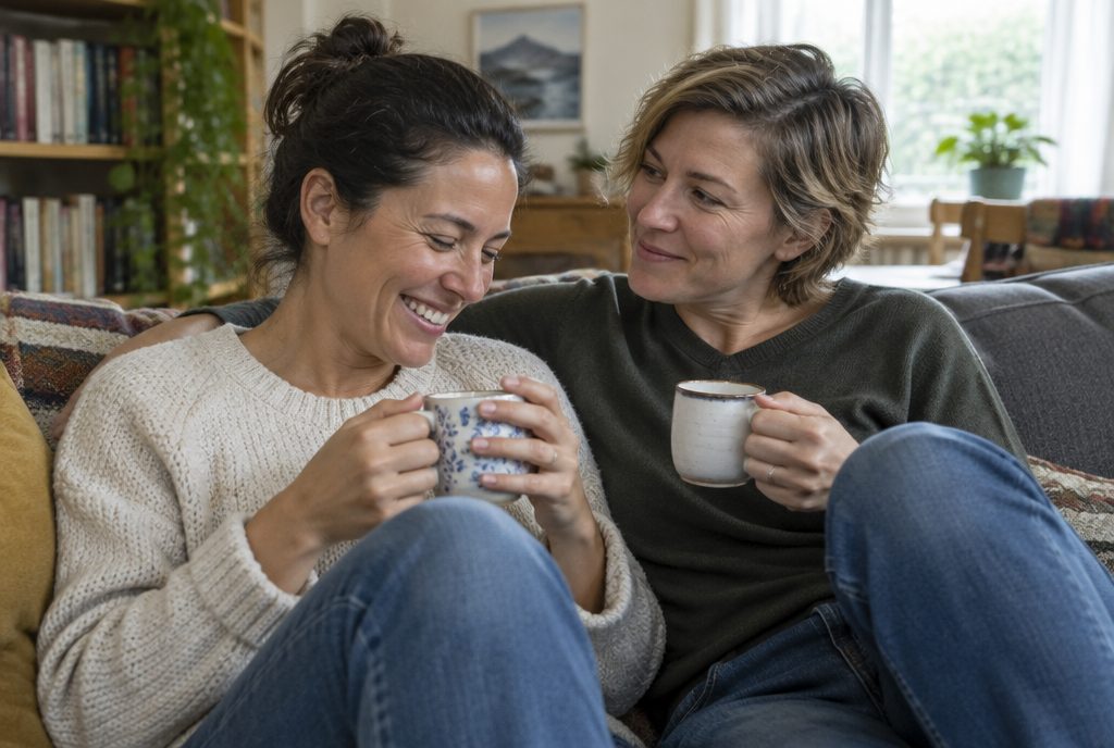 Twee vrouwen praten ontspannen met een koffie in de zetel