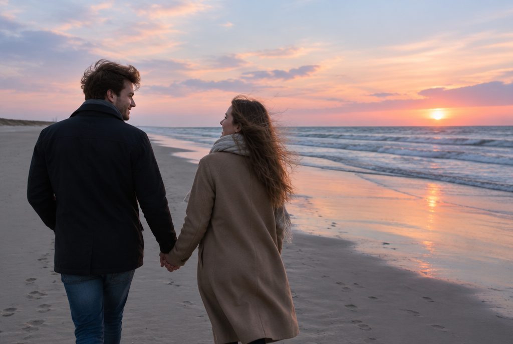 Een jong koppel wandelt hand in hand op het strand bij zonsondergang